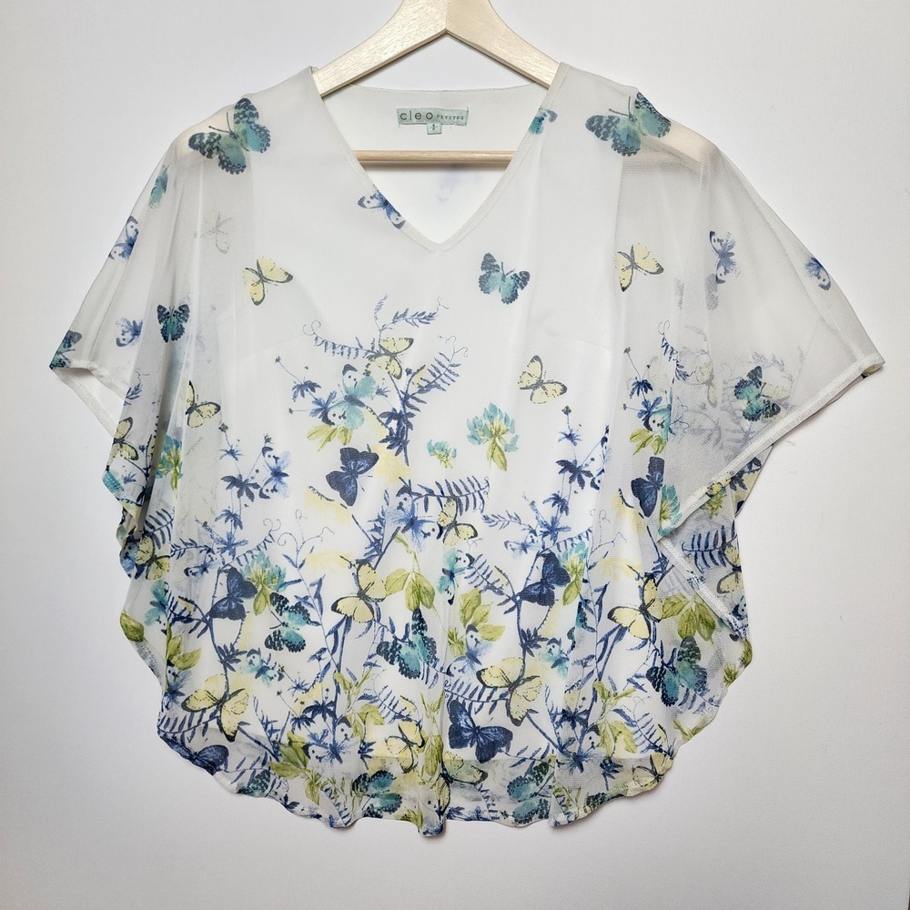 Cleo Petites Butterfly Print Mesh V-Neck Poncho Blouse White Blue Small